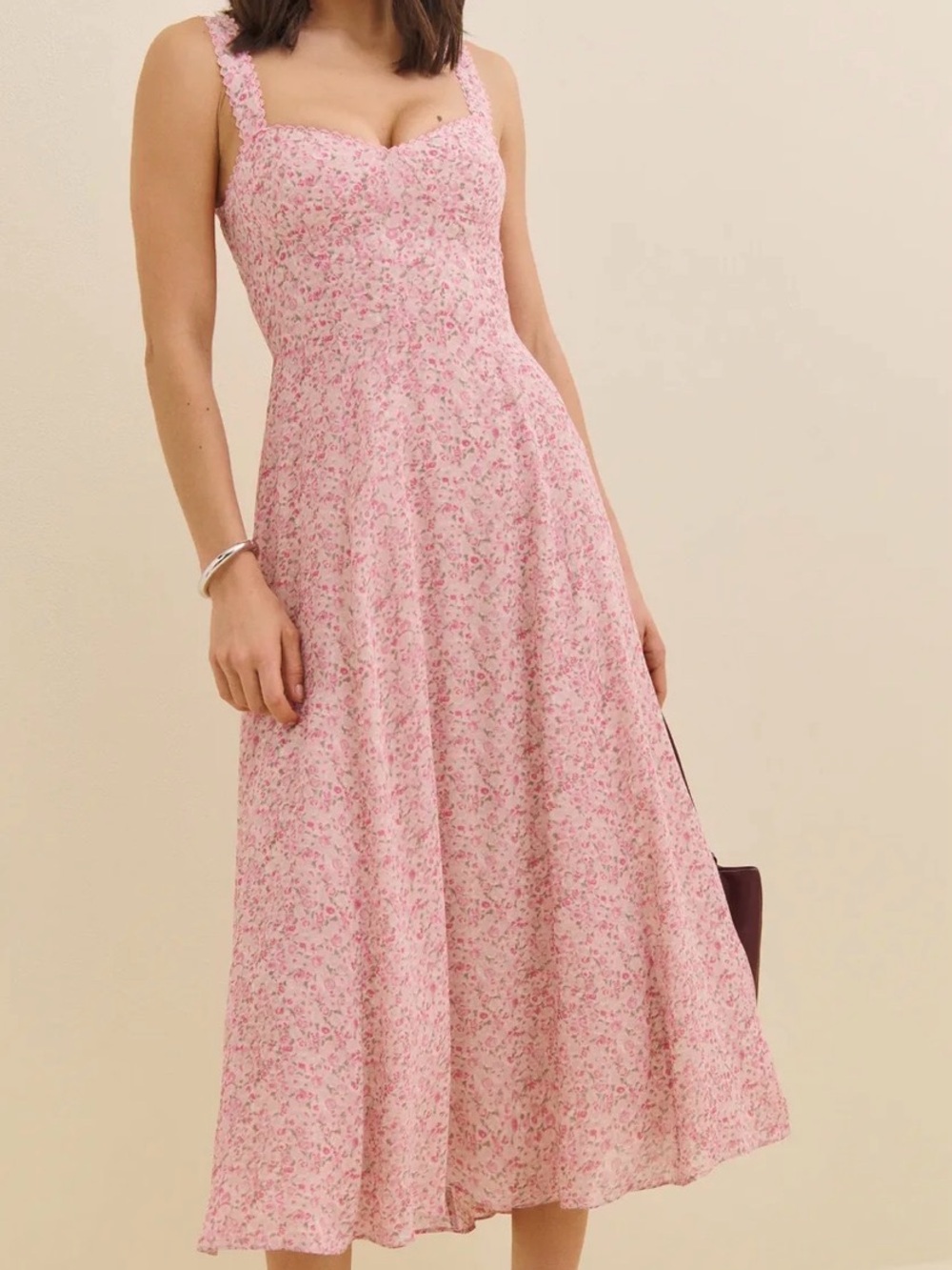 Reformation Pink Floral Sweetheart Midi Dress
